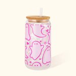 Personalized Cute Pink Ghost Glass Tumbler with Engraved Name Bamboo Lid and Straw Birthday Halloween Gift for Her