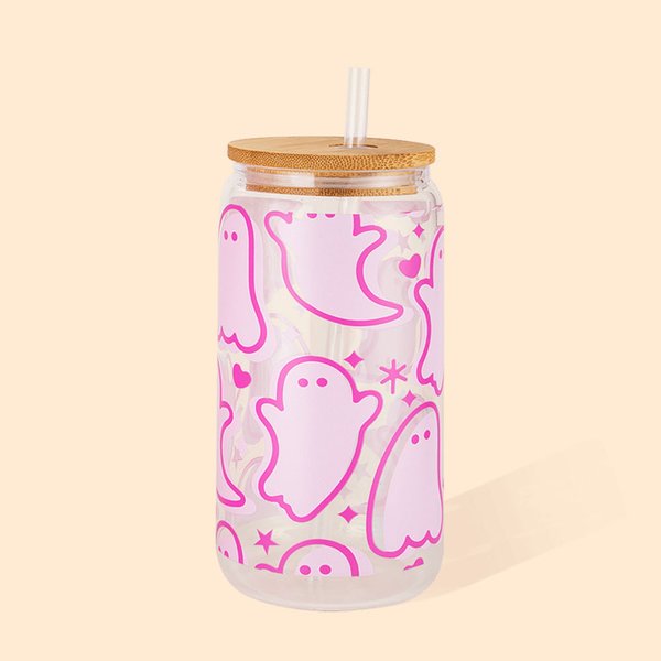 Vaso de Cristal Personalizado Fantasma Rosa con Nombre Grabado Tapa de Bambú y Pajita Regalo de Cumpleaños Halloween para Ella
