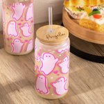Personalized Cute Pink Ghost Glass Tumbler with Engraved Name Bamboo Lid and Straw Birthday Halloween Gift for Her