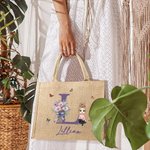Personalised Birth Flower Bouquet Cute Cartoon Character Reusable Initial Tote Bag with Name Travel Essential Birthday Gift for Women Girls