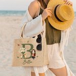 Bolso de yute reutilizable con nombre personalizado con flores de nacimiento y personaje de dibujos animados regalo de cumpleaños para mujeres y niñas