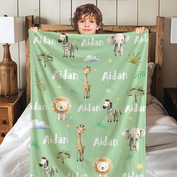 Personalised Jungle Giraffe Elephant Soft Throw Blanket with Name Home Decor Birthday Baby Shower Gift for Newborn Kids