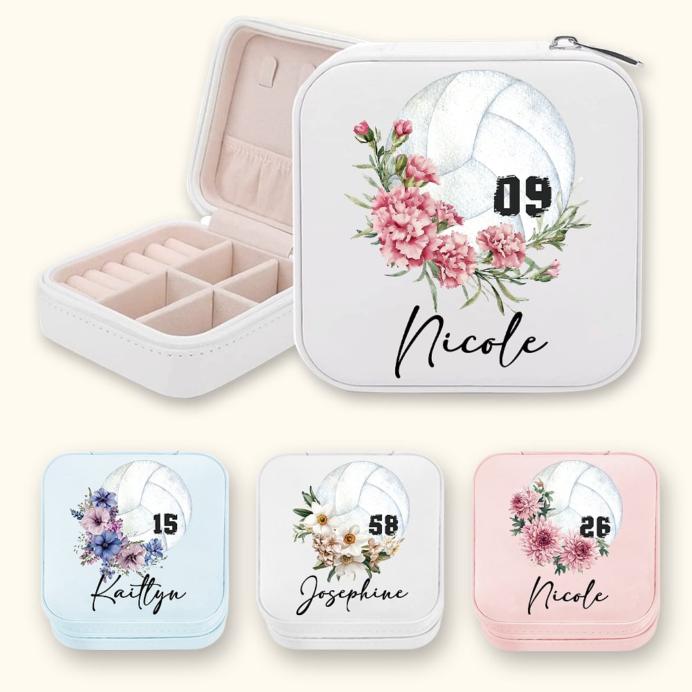Boîte à bijoux en cuir pour volley-ball avec nom et numéro Cadeau d'anniversaire pour les femmes qui aiment le volley-ball Entraîneur