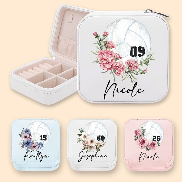 Personalised Birth Flower Volleyball Leather Jewellery Box with Name and Number Birthday Team Gift for Women Volleyball Lovers Coach