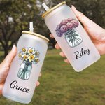 Personalised Mason Jar Birth Flower 20oz Name Glass Can with Straw and Bamboo Lid Birthday Christmas Gift for Women