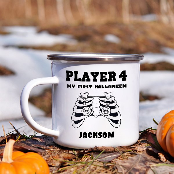 Tasse à café en émail 12oz avec nom Squelette Vampire Sorcière Gamepad Personnalisé Cadeau de saison Halloween Spooky pour enfants Amis