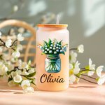 Personalised Mason Jar Birth Flower 20oz Name Glass Can with Straw and Bamboo Lid Birthday Christmas Gift for Women