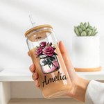 Personalised Mason Jar Birth Flower 20oz Name Glass Can with Straw and Bamboo Lid Birthday Christmas Gift for Women
