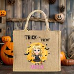 Personifierad söt häxa vampyr bus eller godis stor kapacitet jute tygpåse med namn Halloween present till barn