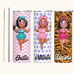 Personalised Cute Cartoon Black Woman 20oz Skinny Tumbler with Name and Straw Beach Party Summer Vacation Birthday Gift for Her