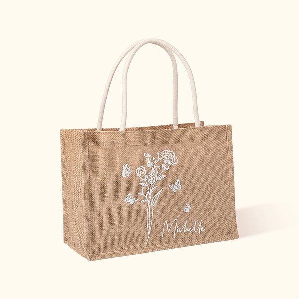 Personalized Butterfly and Flower Jute Tote Bag with Name Bridesmaid Bridal Shower Wedding Party Gift for Her