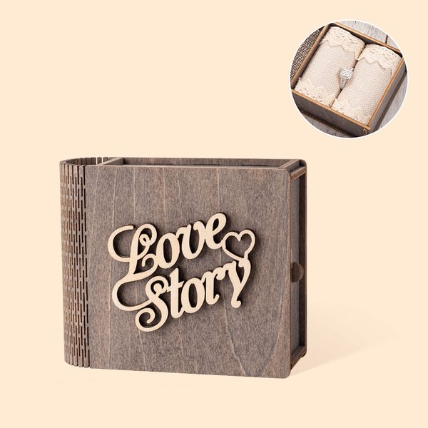 Personalized Love Story Rustic Wooden Book Shaped Ring Box with Engraved Names Date and Pillow Lining Wedding Proposal Gift for Couple