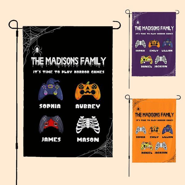Drapeau de jardin personnalisé avec nom et texte Décoration de jardin Cadeau d'Halloween pour les amateurs de jeux en famille
