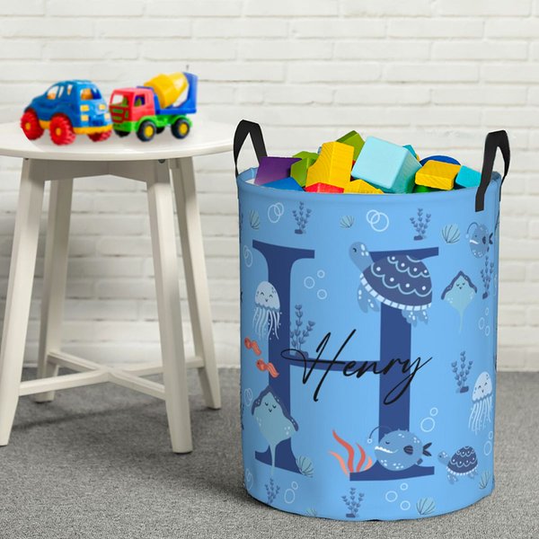 Personalized Cute Marine Animal Initial Large Waterproof Laundry Storage Basket with Name and Handle Birthday Housewarming Gift for Boys Girls