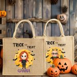Personifierad söt häxa vampyr bus eller godis stor kapacitet jute tygpåse med namn Halloween present till barn