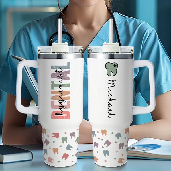 Bicchiere dentale personalizzato con nome da 40 oz con coperchio, cannuccia e manico Regalo di apprezzamento per il personale odontoiatrico