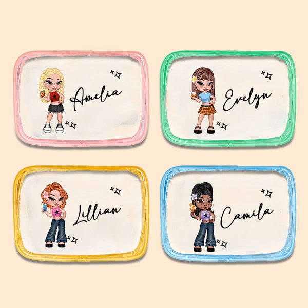 Personlig bärbar Y2K tecknad flicka sminkväska med namn födelsedag jul vänskap gåva för besties Y2K älskare