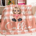 Personalised Multicolour Grid Cute Cartoon Character Soft Throw Blanket with Name Birthday Christmas Gift for Girls Boys Family