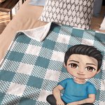 Personalised Multicolour Grid Cute Cartoon Character Soft Throw Blanket with Name Birthday Christmas Gift for Girls Boys Family