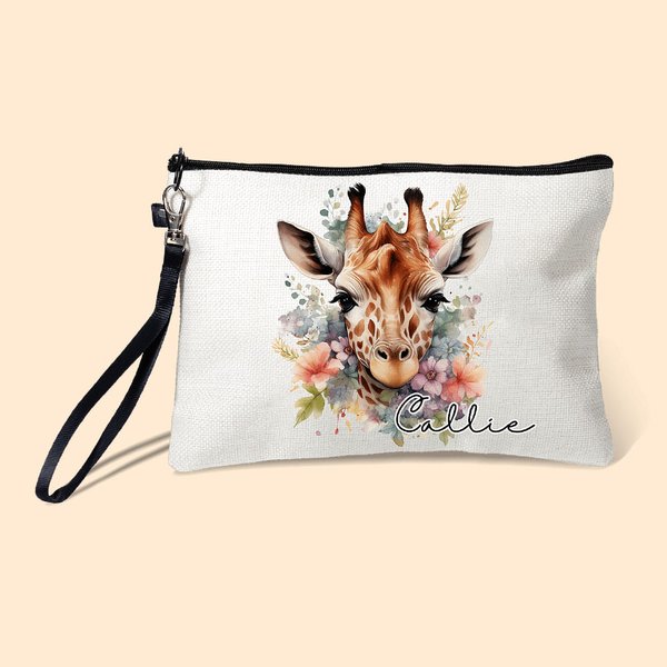 Personalised Watercolour Floral Giraffe Makeup Bag with Name and Wrist Strap Travel Accessory Daily Use Birthday Gift for Women
