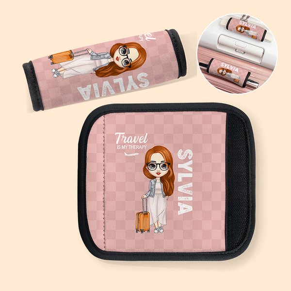 Personalized Travel Is My Therapy Cartoon Character Set of 2 Luggage Handle Wraps with Name and Contact Card Travel Accessories Gift for Travel Lovers