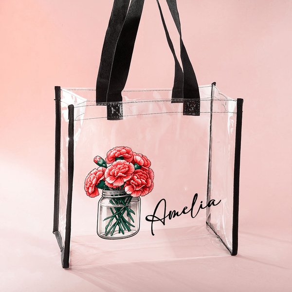 Personalized Birth Flower Bouquet in Mason Jar Clear Tote Bag with Name Wedding Birthday Gift for Women