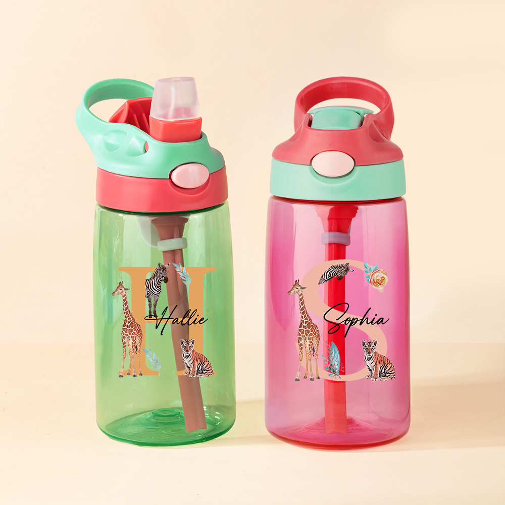 Personalized Cute Jungle Animal 16oz Name Water Bottle with Silicone