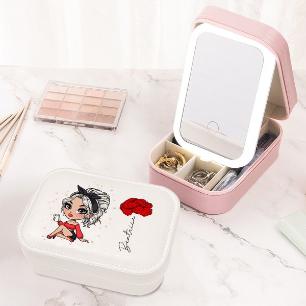 Personalisiertes Geburtsblume Cartoon-Mode-Mädchen PU-Leder Schmuckkästchen mit Namen und Make-up Spiegel Drei Lichtmodi Geburtstag Geschenk für Damen