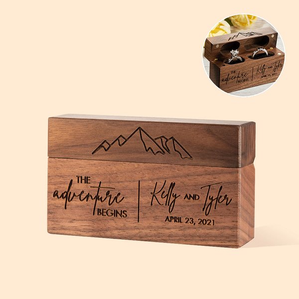 Personalised Rustic Engraved Wide Wood 2 Rings Bearer Box with Date & Name Wedding Proposal Gift for Couple
