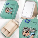 Personalized Cartoon Fashion Girl Birth Flower Leather Jewelry Box with Name and LED Three-color Adjustable Makeup Mirror Birthday Gift for Women