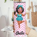 Personalised Cute Cartoon Black Woman 20oz Skinny Tumbler with Name and Straw Beach Party Summer Vacation Birthday Gift for Her
