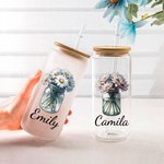 Personalised Mason Jar Birth Flower 20oz Name Glass Can with Straw and Bamboo Lid Birthday Christmas Gift for Women