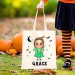 Personalized Cute Cartoon Character Vampire Bats Canvas Tote Bag with Name Trick or Treat Halloween Party Favors Gift for Kids