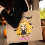 Personifierad söt häxa vampyr bus eller godis stor kapacitet jute tygpåse med namn Halloween present till barn