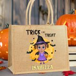 Personifierad söt häxa vampyr bus eller godis stor kapacitet jute tygpåse med namn Halloween present till barn