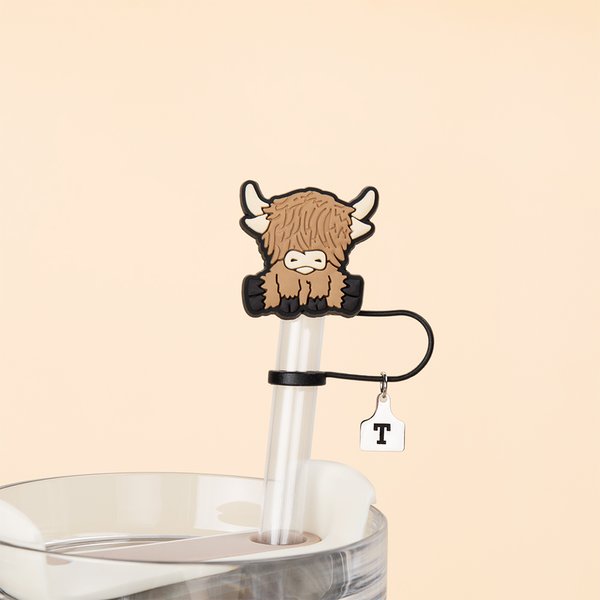 Personalised Cute Highland Cow Reusable Straw Cover Topper with Engraved Initial Charm Accessories for Stanley Birthday Gift for Highland Cow Lovers