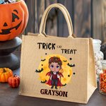 Personifierad söt häxa vampyr bus eller godis stor kapacitet jute tygpåse med namn Halloween present till barn