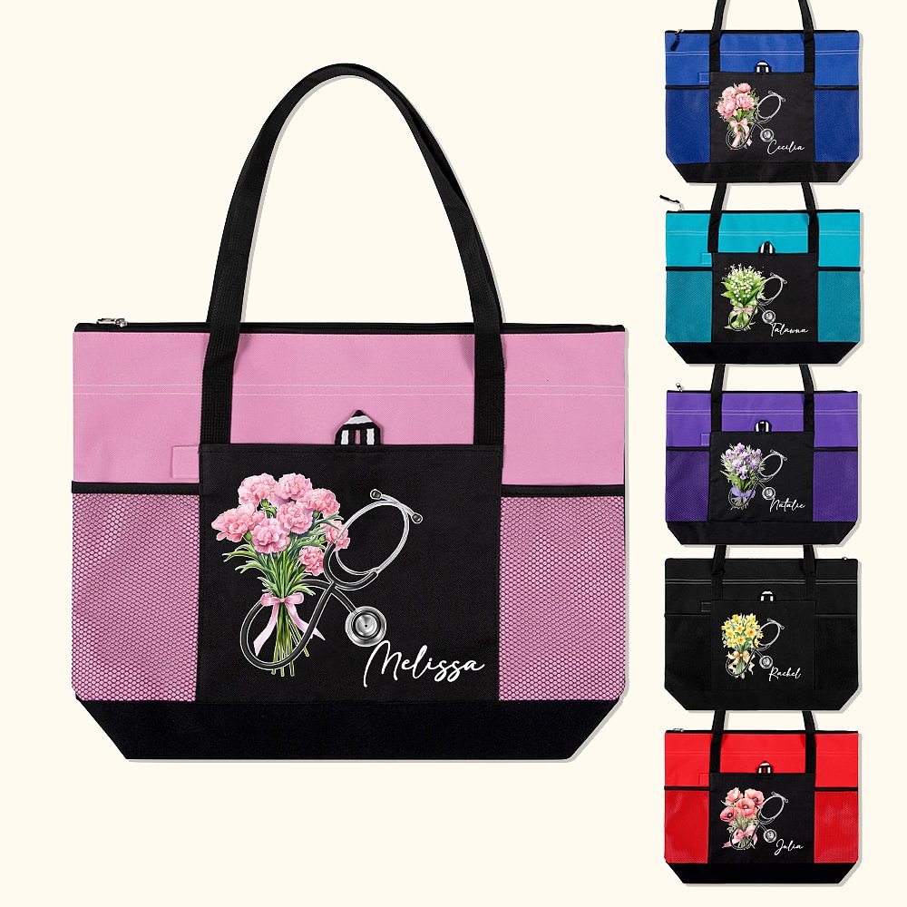 Sac à main personnalisé avec nom et fleur de stéthoscope Cadeau d'appréciation pour infirmière Médecin Personnel médical