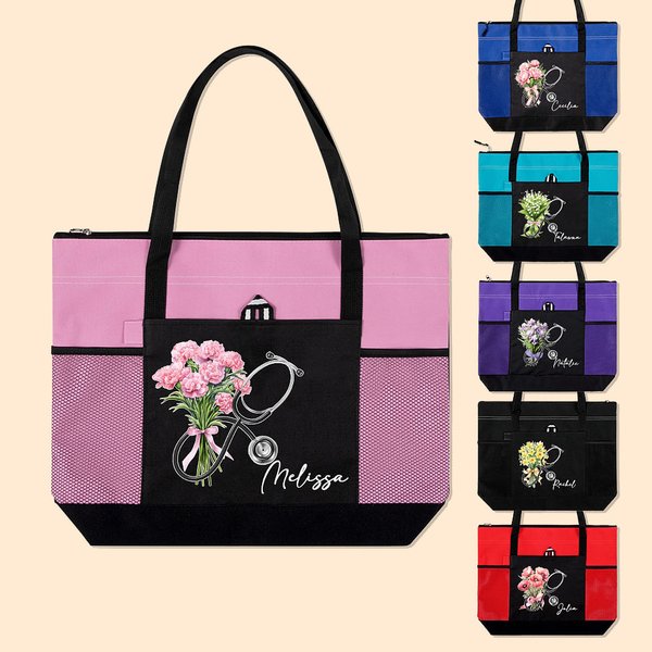 Personalized Birth Flower Stethoscope Large Canvas Tote Bag with Name Medical Graduation Appreciation Gift for Nurse Doctor Medical Staff
