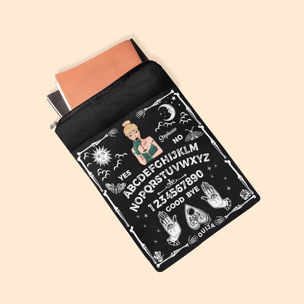 Personalised Gothic Witch Ouija Board Waterproof Zippered Book Sleeve with Pocket Halloween Birthday Gift for Teacher Bookworm Ouija Lovers