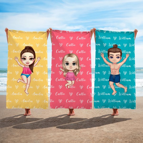Gepersonaliseerde Oversized Sneldrogende Cartoonfiguur Hart Naam Strandlaken Zomer Reis Verjaardagscadeau voor Kinderen en Volwassenen