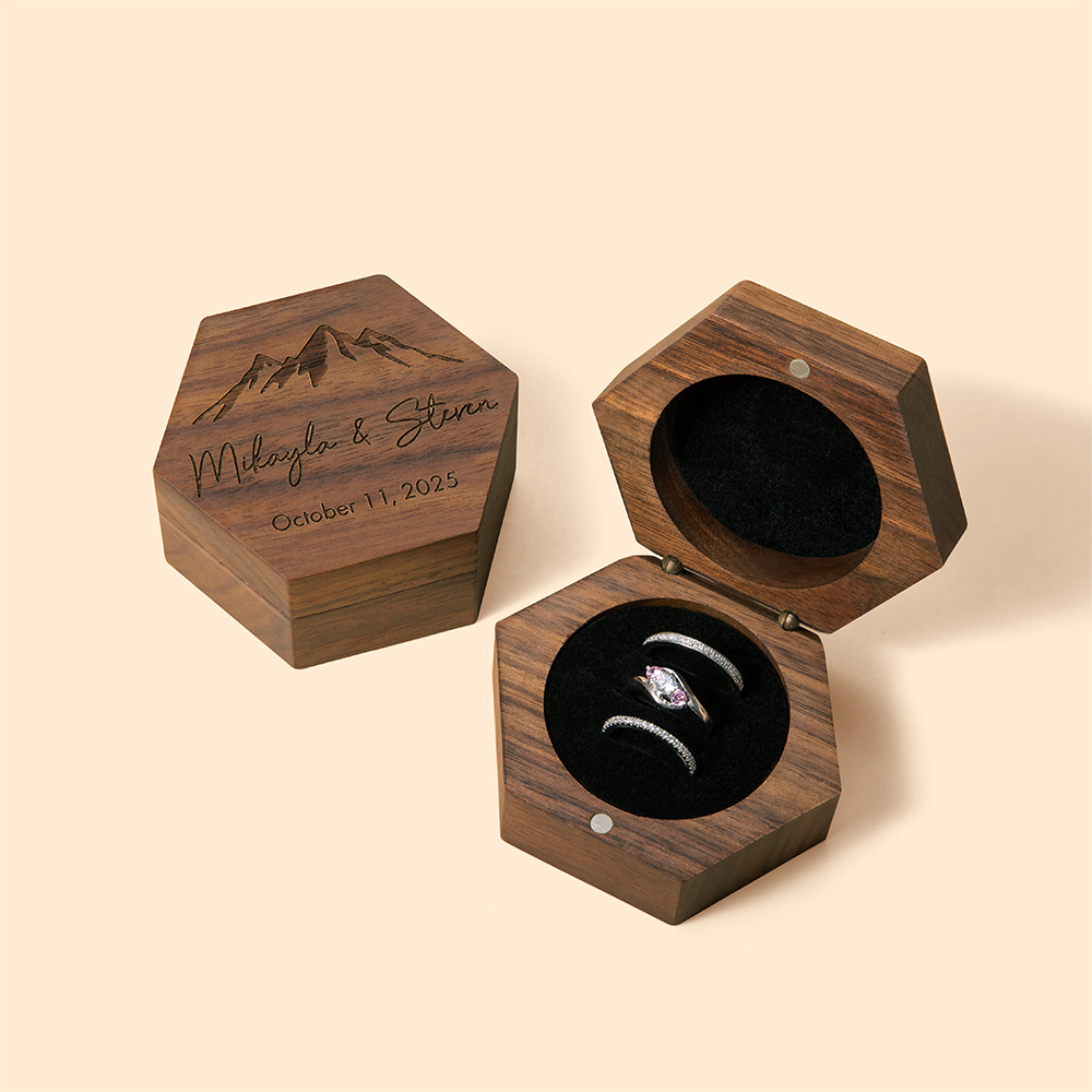 Scatola di legno per anelli personalizzata con esagono e fiore di montagna con tripla fessura Regalo di matrimonio, proposta di fidanzamento e ricordo