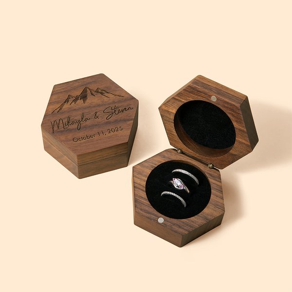Personalized Hexagon Mountain Flower Wooden Ring Box with Triple Slot Wedding Engagement Proposal Keepsake Gift for Couple
