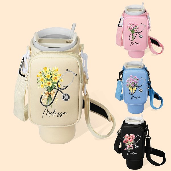 Personalized Waterproof Stethoscope Birth Flower Name Water Bottle Carrier Bag Tumbler Accessories for 40oz Stanley Birthday Gift for Nurse Doctor