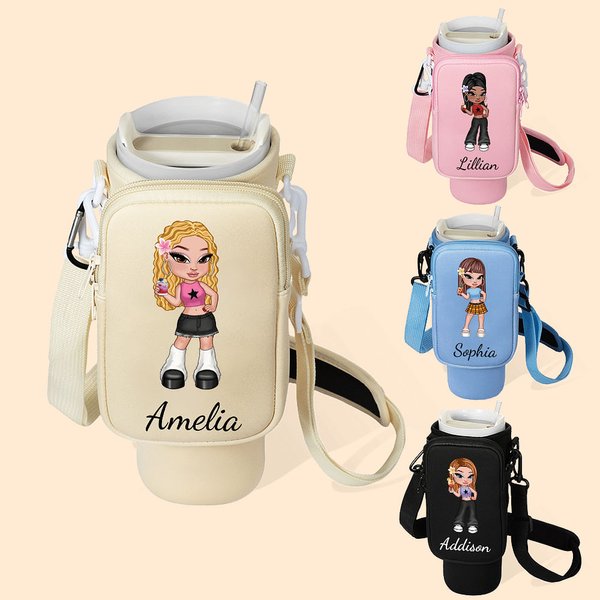 Personalised Y2K Style Cartoon Character Water Bottle Carrier Bag for 40oz Stanley with Removable Pouch and Strap Birthday Gift for Women Girls