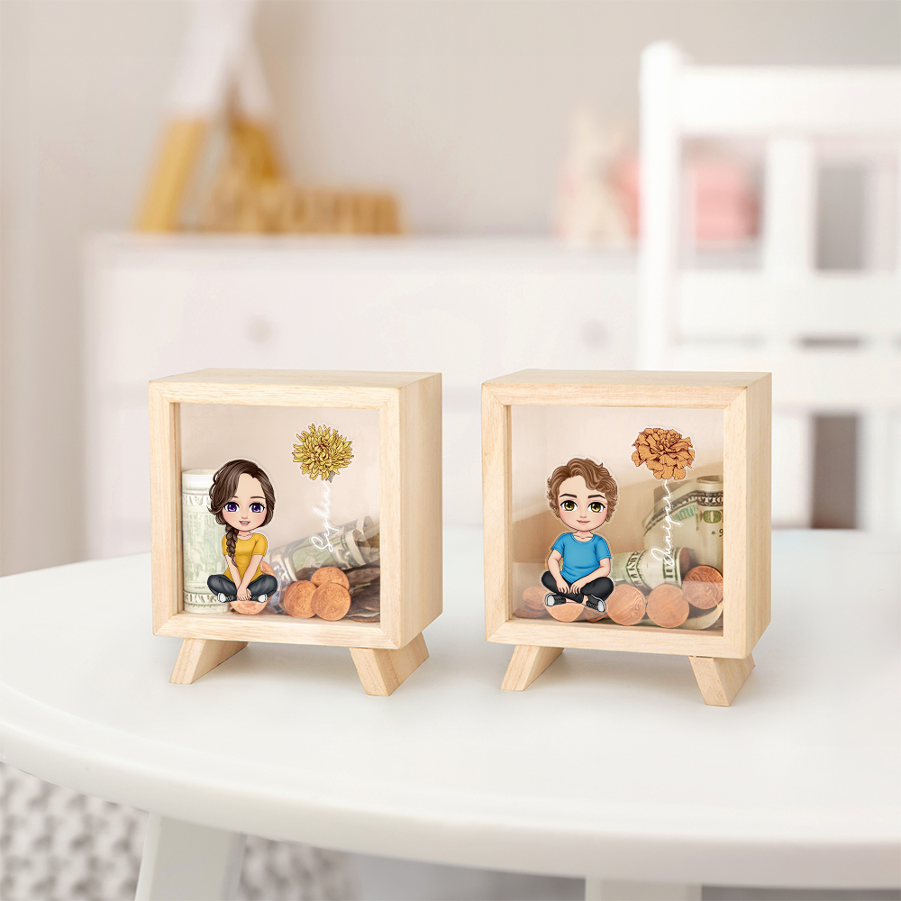 Tirelire en Bois Personnalisée avec Nom et Dessin du Personnage Imprimés sur Fenêtre Transparente Cadeau Anniversaire Noël pour Enfant