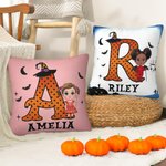 Personalizada de dibujos animados bruja vampiro suave almohada cubierta con la inicial y el texto decoración del hogar Halloween regalo para niños niñ