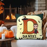 Personalizada de dibujos animados bruja vampiro suave almohada cubierta con la inicial y el texto decoración del hogar Halloween regalo para niños niñ