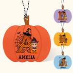Etiqueta de madera para cesta de Halloween personalizada con personaje de dibujos animados calabaza e inicial Espeluznante Temporada Truco o Trato Reg