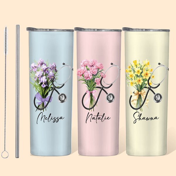 Personalizzato stetoscopio nascita bouquet di fiori nome 20 oz Skinny Tumbler con cannuccia Apprezzamento regalo di laurea per infermiere medico perso